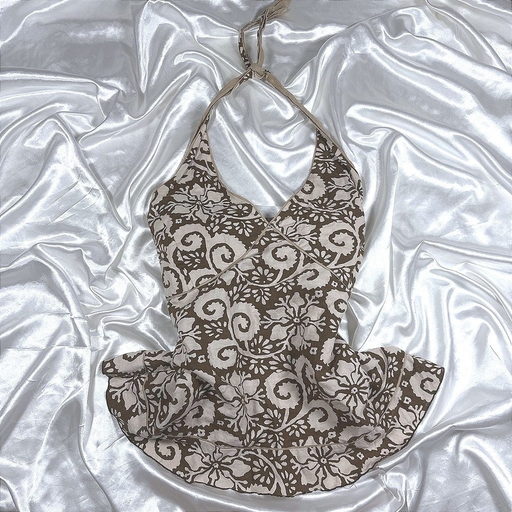 y2k Halter Top Brown Excellent Floral Scroll Empire Waist Flared Hem